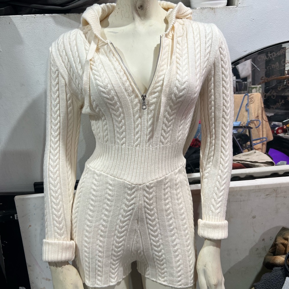 Cream Cable Knit Hooded Romper